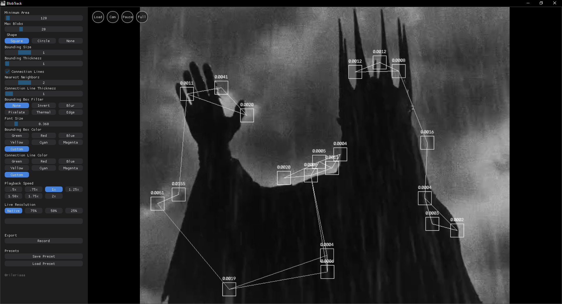 BlobTrack interface showing live blob tracking with bounding boxes and connection lines